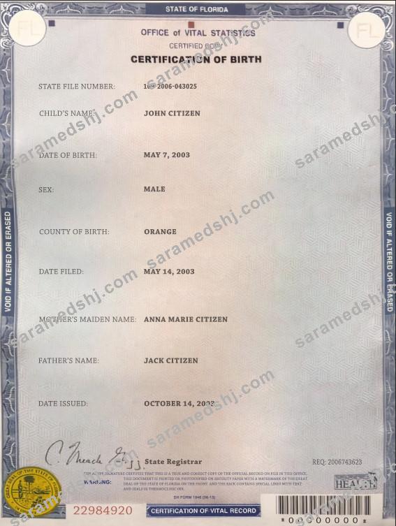 USA Florida state birth certificate template in PSD format